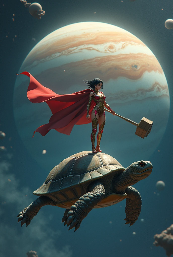 A turtle swimming in space with Jupiter Behind it with a anime Girl like champion that has a cape and a Hammer standing up on the turtles shell, with a heroic pose