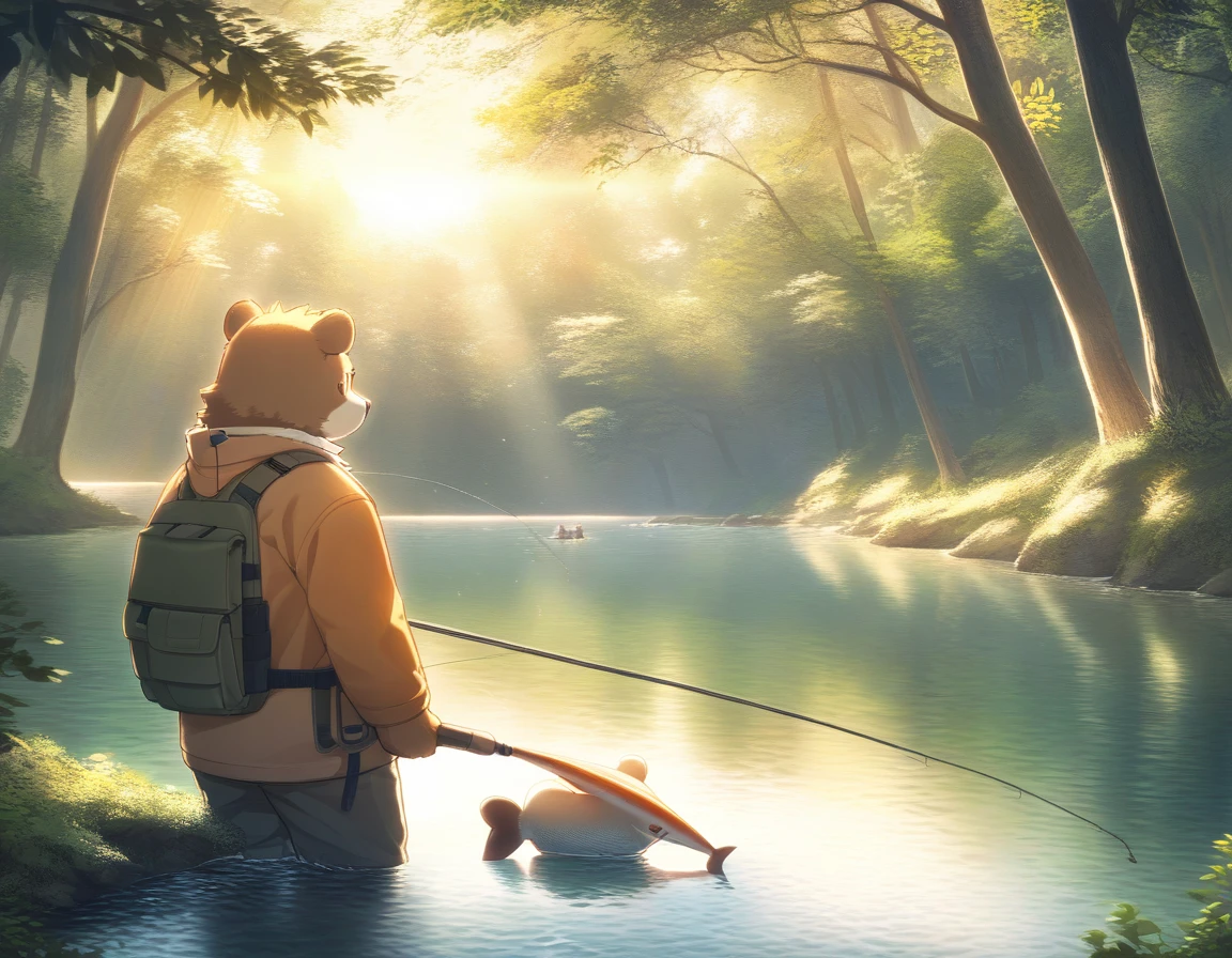 ((Masterpiece)), ((Best Quality)), (Very Detailed), ((Very Detailed)), 4K, (8K), very aesthetic, absurdres highres, 1 man, (anthropomorphic Bear, furry, kemono:1.5), A scene where a fisherman is holding a fishing rod and catching a fish on the shore of a lake where the warm light of the setting sun shines through. The angler is wearing a fishing hat, fishing vest, long sleeve shirt and pants. The angler's expression is depicted realistically, and the fish's scales reflect the light and shine. A lush green forest spreads out in the background, and the water is clear and flowing quietly.


