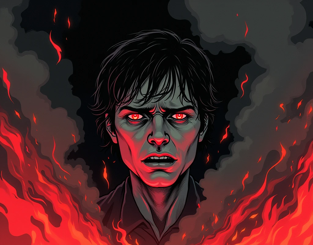 eyes in pain, seeing fire and smoke around, the image is in black and white, with red details, the type of image is comic noir style