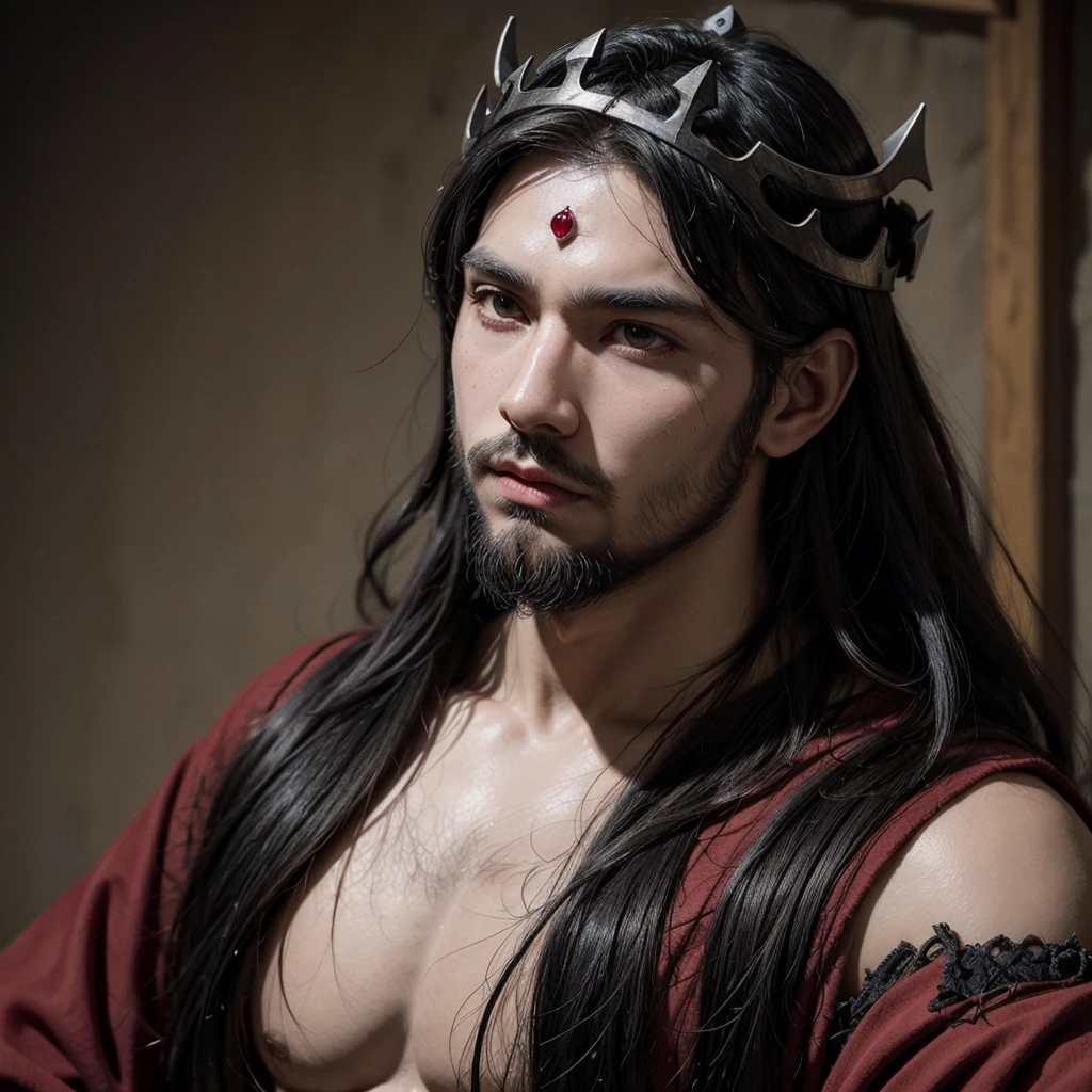 Make a medieval painting of a half-human demon lord, he has black hair, a short beard, black skin and an onyx crown with rubies, make something semi-medieval