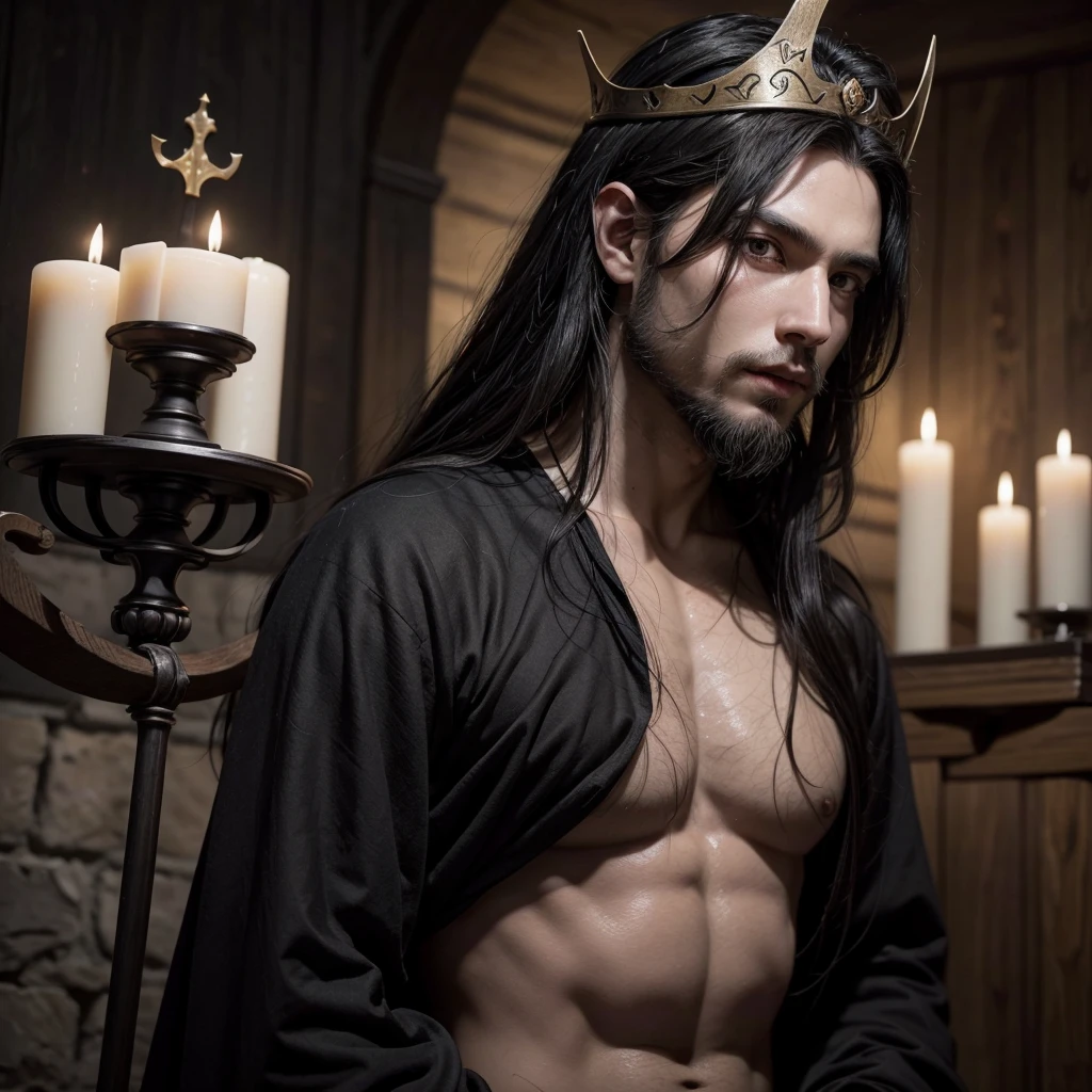 Make a medieval painting of a half-human demon lord, he has black hair, a short beard, black skin and an onyx crown with rubies, make something semi-medieval