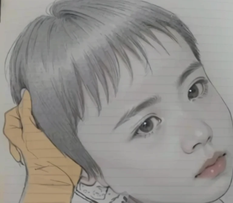 picture of a young boy with a medal around his neck, Detailed face of asian boy, by Ayako Rokkaku, Inspired by Takeharu Matsumura, By Yasutomo Oka, Pencil sketch, Close-up portrait, By Yuki Ogura, Inspired by Huang Gongwang, Based on a child's picture, picture、Generate a color photo。more more more、Generate it with a smile。Make the cheeks fuller and create nasolabial folds。A cute 3 boy、Smile and laugh、From the nostrils to the mouth、I have nasolabial folds on both sides.、Generate a brighter smile。 More more more more、Please make it live-action。Generate a color photo。