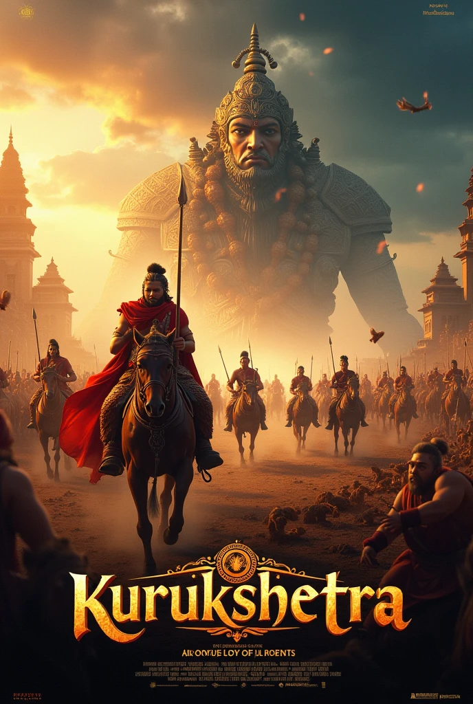 Create a visually stunning and dramatic movie poster for "Kurukshetra," a film inspired by the Mahabharata. The poster should feature a dynamic and epic battle scene set on the battlefield of Kurukshetra. In the foreground, highlight the central characters: Arjuna, in his chariot with Lord Krishna guiding him, and Duryodhana, with his army. Use rich, bold colors to capture the intensity and grandeur of the battle. The backdrop should show a tumultuous sky and the sprawling battlefield. Incorporate traditional Indian art elements and intricate patterns to enhance the poster’s cultural depth. The title "Kurukshetra" should be prominently displayed in an ornate, classical font at the top or bottom, with a tagline that evokes the epic nature of the story. Add subtle, ethereal lighting to give a divine and timeless quality to the scene.