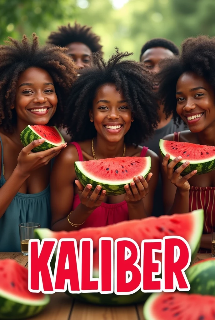black people eating watermelon with the word kaliber below it in bold print
