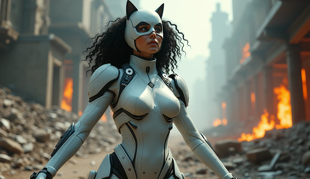 ((Best Quality)), ((Masterpiece)), ((Realistic)), (Detailed), (fotorrealist:1.5), Catwoman, Futuristic, Curly Black Hair (White Suit), Walking, Armored Lights, Cyber Hats, Looking Above Viewer, Dynamic Pose, Post Apocalyptic, Ruined City Background, Burning Buildings, Sci-Fi, HDR, Ray Tracing, NVIDIA RTX, Ultra High Resolution, Unreal 5, Ground Scattering,