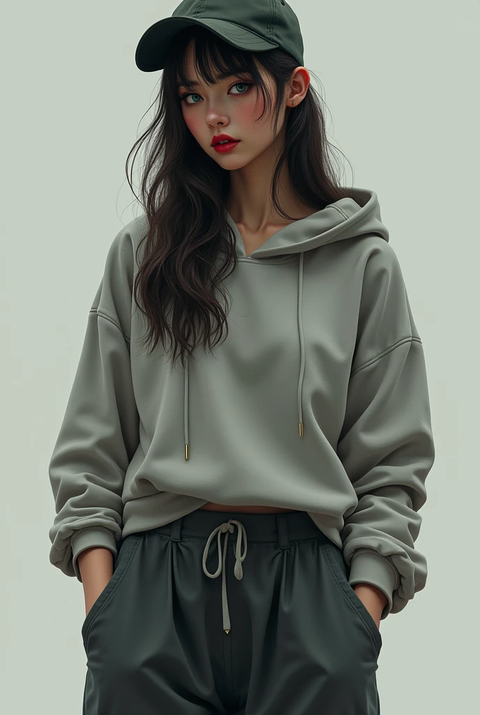 An introvert girl with red lips and bluish grey eyes who's really pretty and has perfect body and big boobs .... Wears a loose hoodie and three quarter pants and a cap that holds her knee length hair.