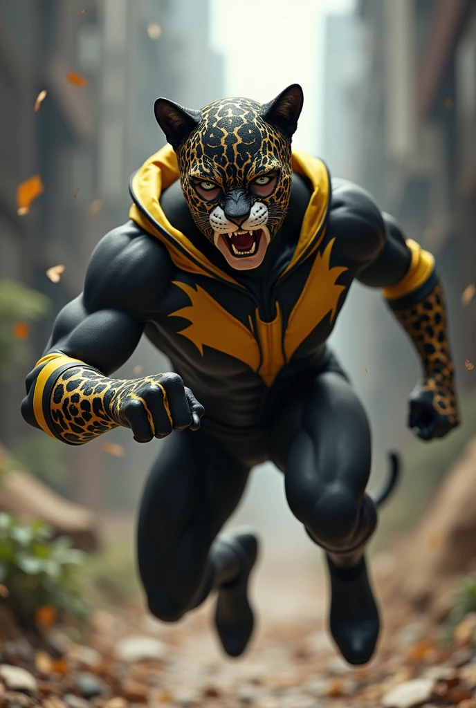 A young man marvel superhero with animal power leopard suit you can see his mouth black suit with yellow with white eyes