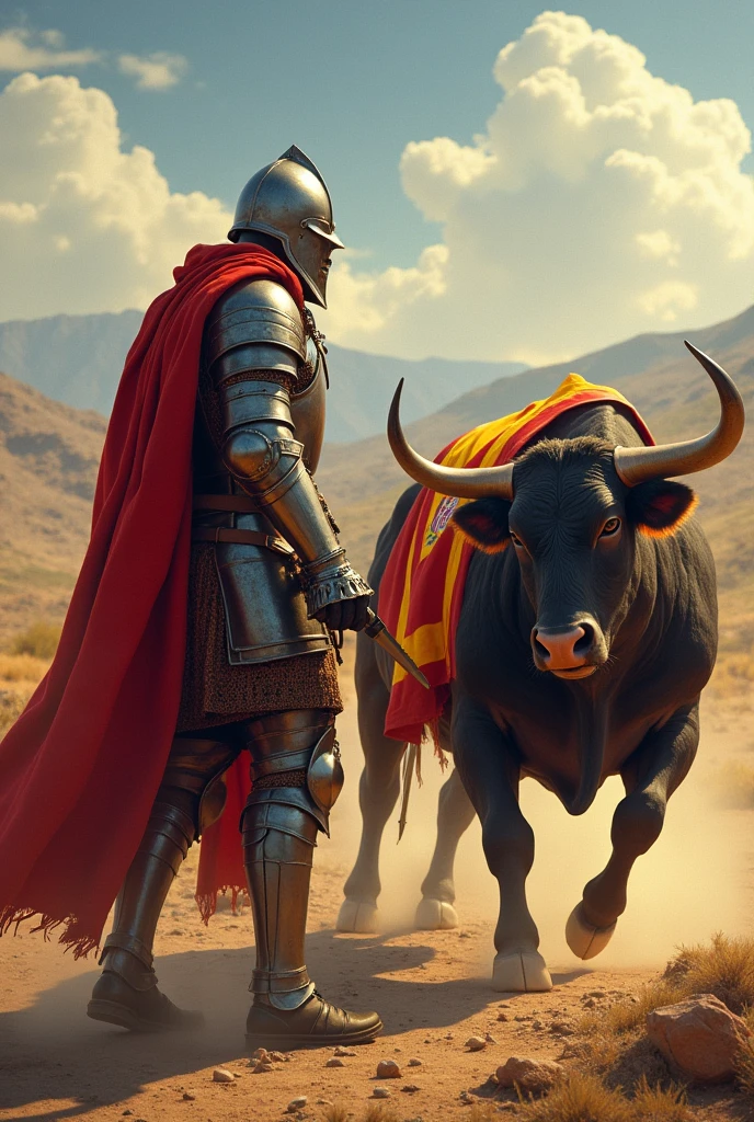 An English warrior putting a bull wearing a Spanish flag to run