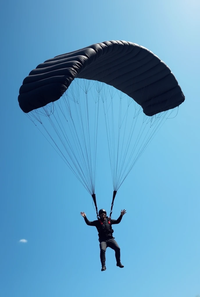 A skydiver with an open black canopy, with emphasis on the parachute canopy being filmed from above the canopy Showing more of the canopy 