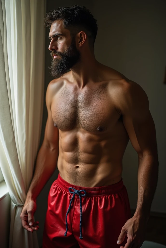 Arab man in boxer shorts getting hard,bare chested and wet