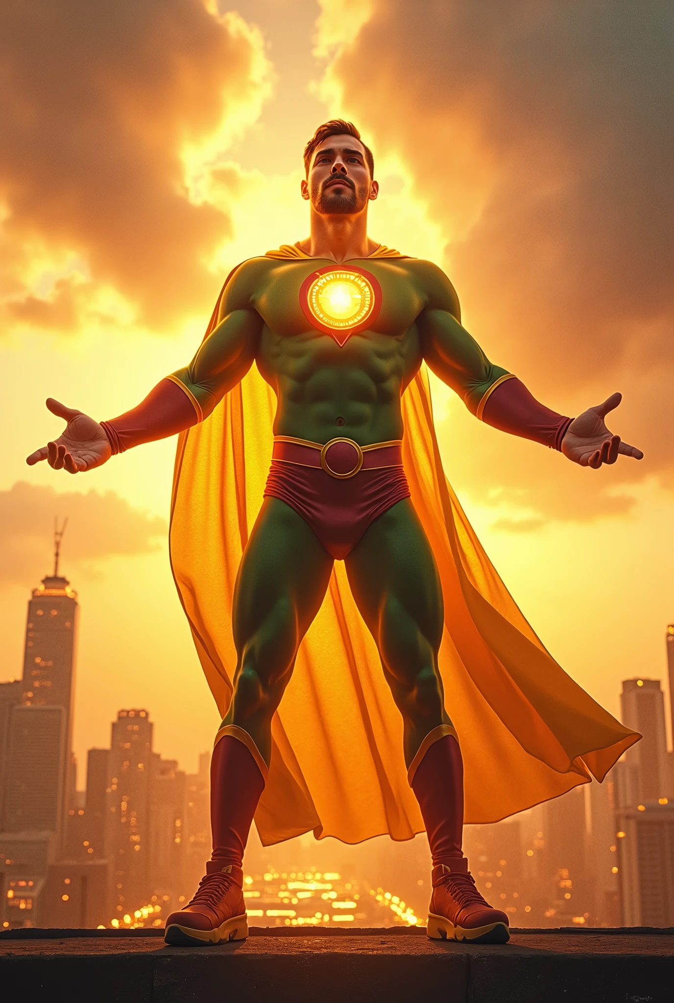 male superhero with the power of sun with golden green Marron colour costume with round chest logo