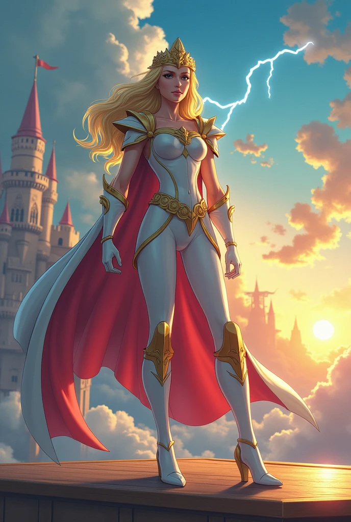 (superheroic pose: 1.9) Princess Gwynne (she-ra) stands confidently on the deck of a majestic floating castle ship in mid-air above the clouds. Her iconic tiara shines brightly, while her white armor glows softly. The (majestic architecture of the ship) rises dramatically into the sky, lit by a warm golden sunset. The atmosphere is adventurous and heroic, filled with a sense of freedom and limitless possibility. (vibrant blue sky with wispy clouds: 1.6). (dramatic lightning bolts illuminating the sky: 1.8). High resolution, highly detailed, cinematic masterwork.