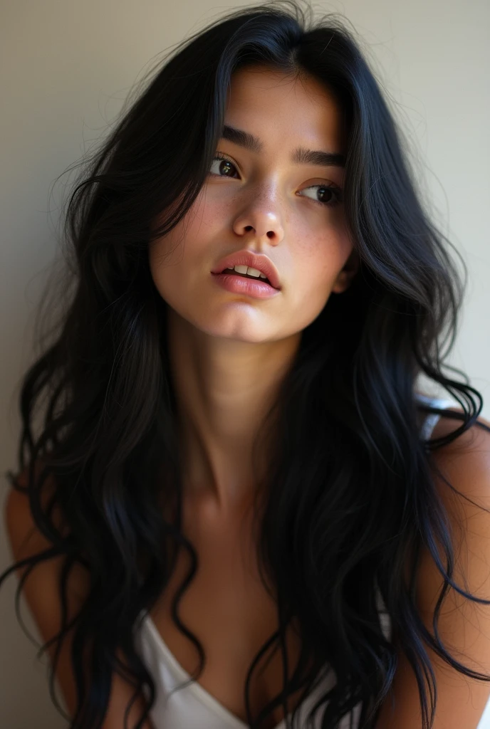 I want a college student who is young and has long black hair with waves like a human and not anime