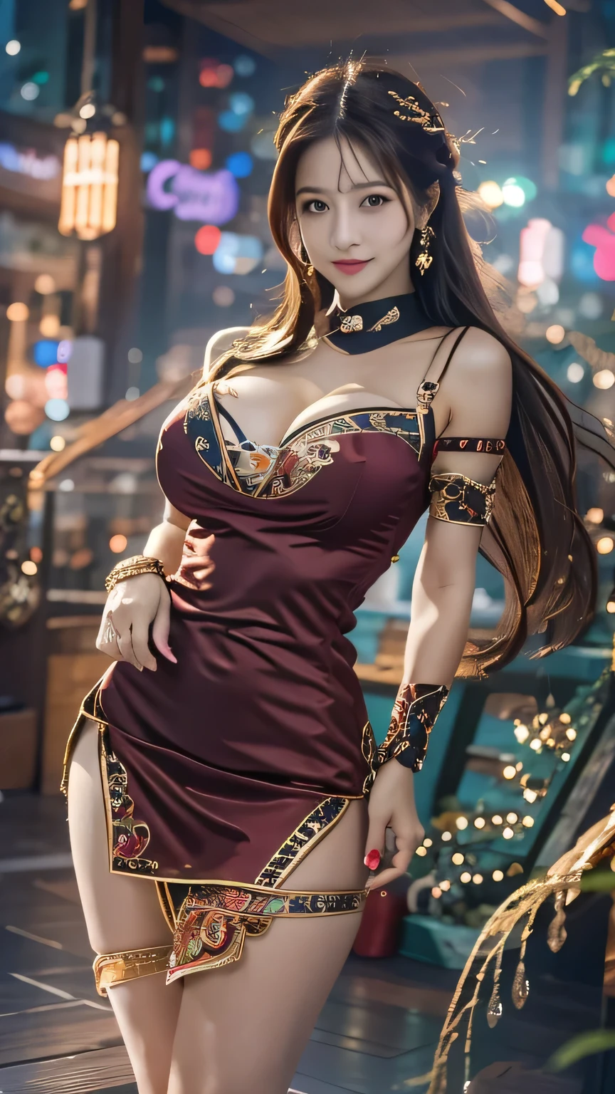 (SFW:1.5), (8k, RAW Photos, Highest quality, masterpiece:1.2、RAW Photos)、1 female、2 、Very detailed、Super Resolution、Natural color lip、Heavy eye makeup、(Super mini skirt tight dress costume 1.2), Gorgeous Accessories、Straight hair、H cup breasts、Big Breasts:1.2、(Background of a high-end nightclub with a night view1.2)、(Dynamic Sexy Pose 1.2)、(Gorgeous Theme 1.2)、(With cleavage 1.2)
