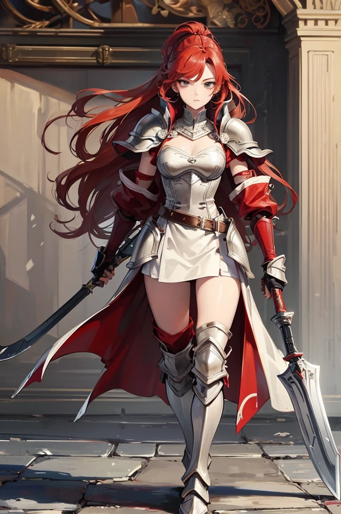 8k,Highest quality, Titania,Silver Armor,Red Hair Dress, belt, Gauntlet, gloves, Armored Boots, forest, View your viewers, walk, Arms at your sides, View your viewers,Sexy Body,Fire emblem,Serious face,With an ax.