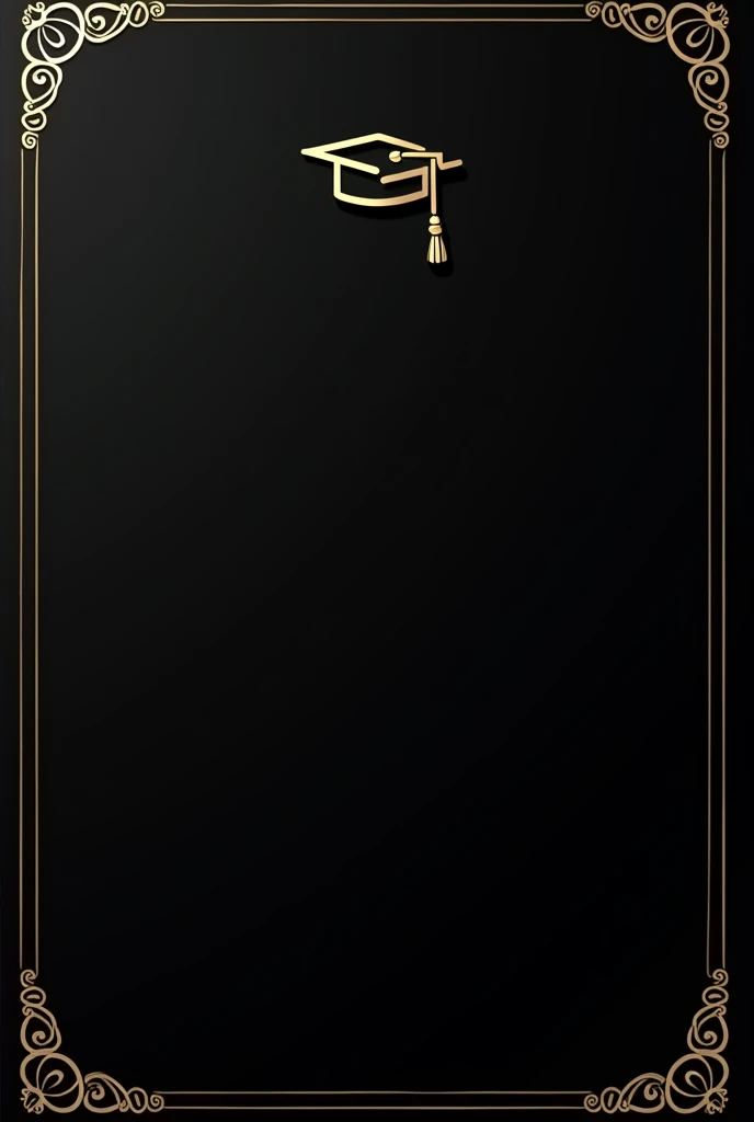 Give me the black background with elegant little gold details and a little grad cap on the top right for a grad invitation card and no flowers
