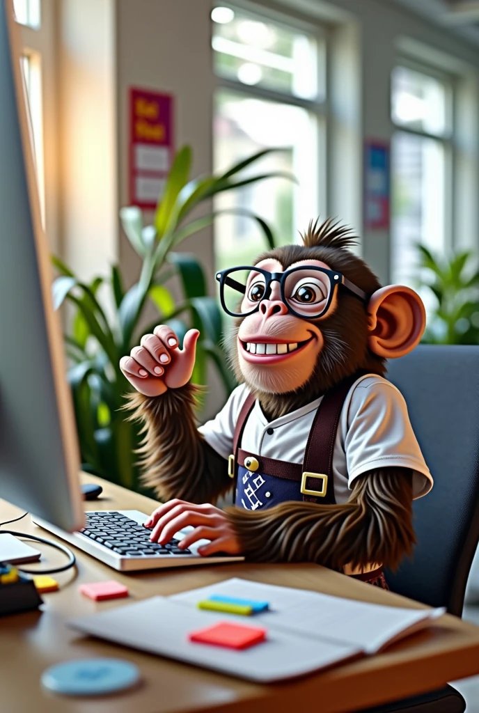 a monkey with bavarian lederhosen, in the office, with glasses working on a computer, joyful, Laugh , ambitious, telephoned, 