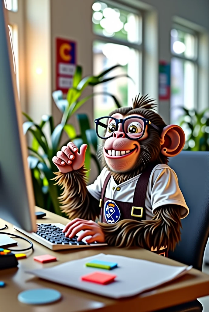 a monkey with bavarian lederhosen, in the office, with glasses working on a computer, joyful, Laugh , ambitious, telephoned,
