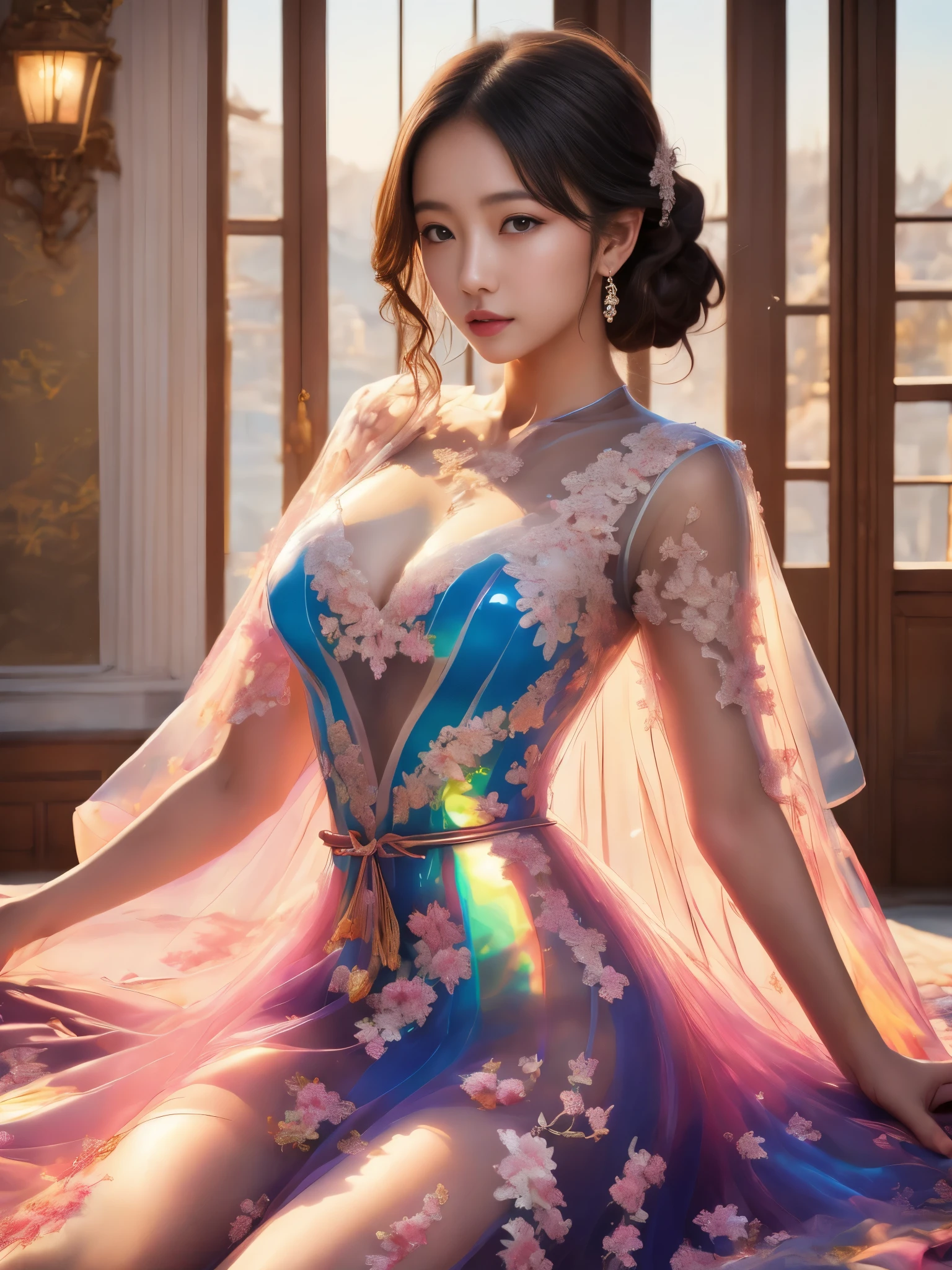 Browsing Caution、最high quality、high quality、Best image quality、8k、最High resolution、High resolution、最high quality、masterpiece、RAW Photos、whole body写真、Detailed and realistic human body、Detailed and realistic skin、Realistic face in every detail、Realistic reproduction of every detail、Detailed and realistic lips、Detailed and realistic teeth、Detailed and realistic ears、Detailed and realistic hair、Detailed and realistic weapons、Realistic reproduction of every detail、Realistic fingers in every detail、(Beautiful Hands、thumb1reference4)、Realistic feet down to the last detail、Realistic breasts down to the last detail、Realistic areola down to the last detail、Realistic nipples down to the last detail、Realistic pussy down to the last detail、Realistic vagina down to the last detail、Realistic anus down to the last detail、((Realistic pubic hair down to the last detail))、((Beautiful Japan))、(Japanese Model), (Japanese women)、((18 year old beautiful girl))、(Black Hair)、(Random Hairstyles))、((whole body))、((Beautiful upturned breasts))、(Stylish style)、(whole body光沢肌、Fair skin)、(Soft lighting)、The interior of a medieval European mansion、Interior decorated with artwork from the 1690s、 Inside a 1600s mansion、Classic Bedroom、Classic interior、((Colorful transparent vinyl))、((Colorful Transparent See-through))、((Colorful transparent mesh))、((She wore a dress made of transparent fabric.))、((Transparent dress(Her skin is clearly visible))、Sexy pose