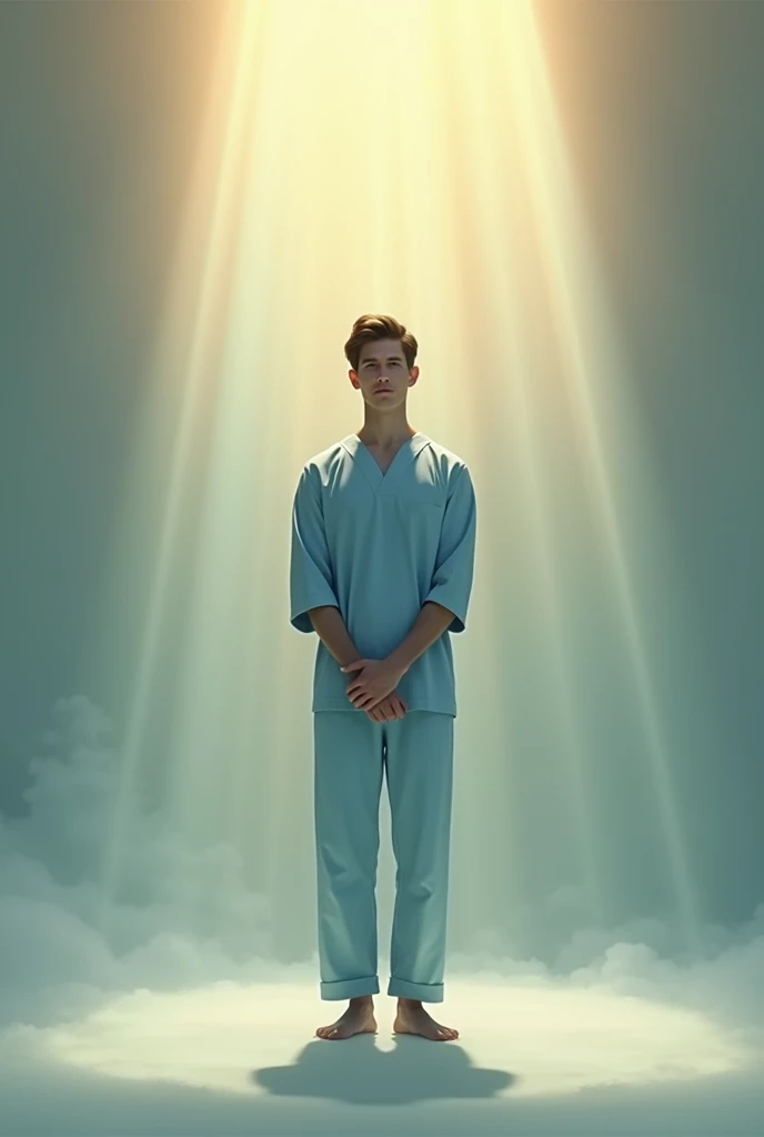 A white Caucasian man with short black hair. Without beard.barefoot. stopped. Wearing a light blue nurse-style overall. Long sleeve In a spiritual environment , with a ray of light. Arms with some movement but in a relaxed attitude. standing. slight smile. Without beard. Take out the beard