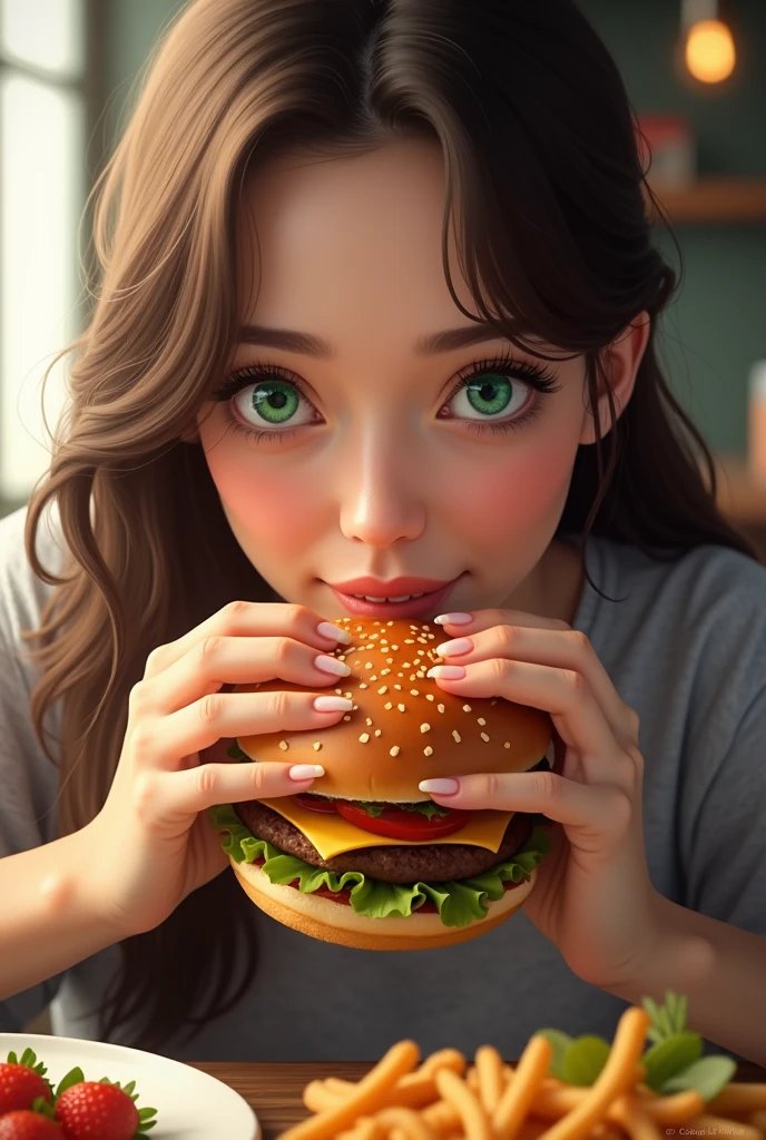 [Ouverture] : Gros plan sur une femme aux yeux verts et aux cheveux lisses, assise à une table.

[Action] : Elle prend un hamburger savoureux avec les deux mains et l'approche de sa bouche.

[Détail] : Zoom sur le hamburger avec ses ingrédients appétissants.

[Clôture] : La femme prend une bouchée avec un sourire de plaisir, montrant clairement qu'elle apprécie chaque instant.

Texte à l'écran : "Délicieux à chaque bouchée !"