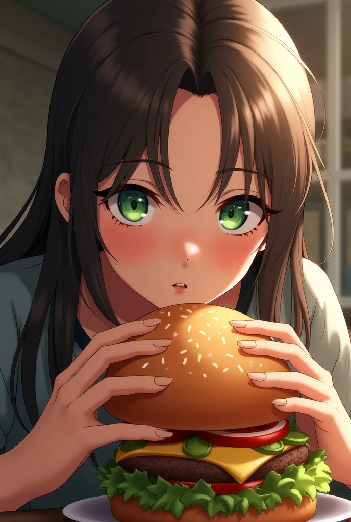 [Ouverture] : Gros plan sur une femme aux yeux verts et aux cheveux lisses, assise à une table.

[Action] : Elle prend un hamburger savoureux avec les deux mains et l'approche de sa bouche.

[Détail] : Zoom sur le hamburger avec ses ingrédients appétissants.

[Clôture] : La femme prend une bouchée avec un sourire de plaisir, montrant clairement qu'elle apprécie chaque instant.

Texte à l'écran : "Délicieux à chaque bouchée !"