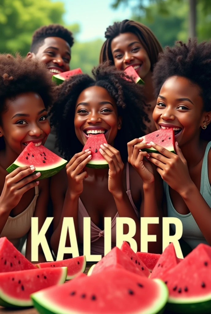 black people eating watermelon with the word kaliber below it in bold print