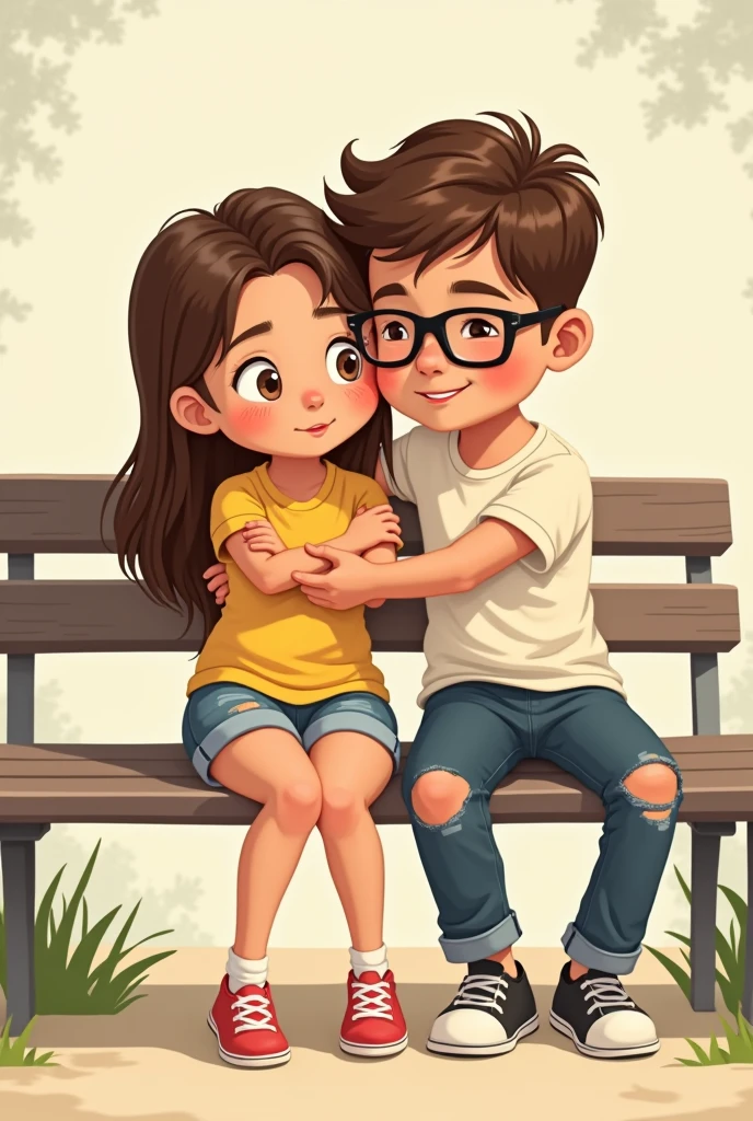 The characters in this cartoon have a series of characteristics that help tell a story of connection and tranquility., all in cartoon style. Here are some details about them:
1. Posture and Body Expression:
- Kizi: The girl is sitting on the bench with her legs crossed and slightly turned towards the boy.. She looks relaxed, with the body leaning against it, conveying a sense of comfort and intimacy. His arms are partially around his legs, indicating that she is at ease and protected at the same time.
- boy: The boy is sitting behind the girl, with his arms around her, holding her in a protective and loving manner. His posture is relaxed, with the body leaning slightly forward. This conveys a strong sense of security and emotional connection..
2. badass clothing:
- Kizi: She wears a casual yellow outfit, with a t-shirt that says "CABIN 7" e shorts da mesma cor. The style is comfortable, and the vibrant colors match the surrounding scenery. She also wears sandals of the same color., which gives a touch of uniformity to your look.
- little boy: He wears a lighted t-shirt with a small design on the front., combined with ripped jeans and sports sneakers. Your look is modern and relaxed, complementing the girl's casual style. The simplicity of the clothes emphasizes the focus on the connection between them, rather than highlighting extravagant fashions.
3. Physical Characteristics:
- Kizi: She has fair skin and long brown hair that falls over her shoulders.. His face is serene, and she wears glasses, which adds a touch of personality and intellectuality to your look. Stylized embora in cartoon style, These details help to give more individuality to the character.
- little boy: He has dark skin and a short, textured haircut.. His face also displays a calm expression., complementing the calm atmosphere of the scene. The way he holds the girl adds to the sense of p