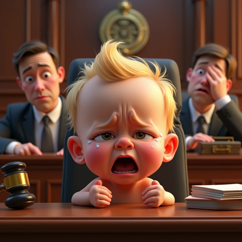 Im Stil von Pixar 3D- The animated film, Caricature. A baby with blond hair sits in the dock in court, crying tears and screaming. A lawyer sits next to the baby and holds his hand in front of his face (facepalm).