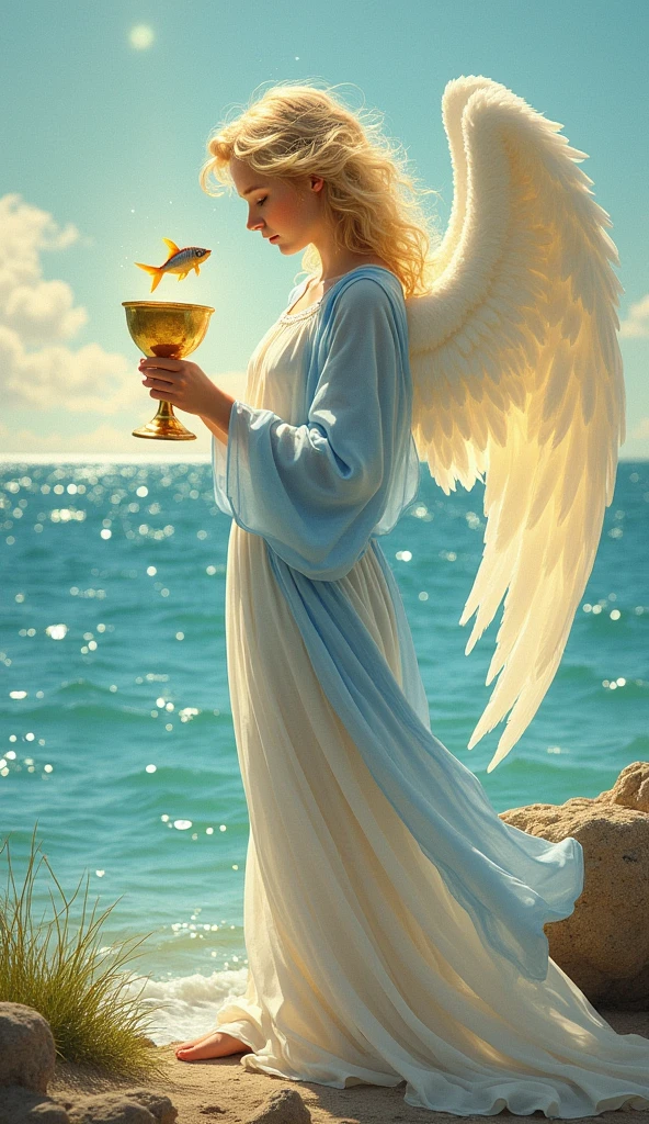 Create a vibrant and youthful scene for the "Page of Chalices" card, inspired by the Rider-Waite deck, but with an angelic twist. Depict a graceful and androgynous angelic figure dressed in flowing robes of soft blues and whites, standing near a tranquil shoreline. The angel holds a golden chalice in one hand, gazing at it with curiosity and wonder as a small, ethereal fish emerges from the cup, symbolizing intuition and creativity. The angel's wings are gently spread, shimmering with a light that reflects the calm waters below. The background should feature a serene landscape with a calm ocean and a clear sky, with soft, warm light illuminating the scene. The overall atmosphere should convey a sense of innocence, new beginnings, and emotional exploration, in keeping with the angelic theme of the Lumen Angelis tarot deck.