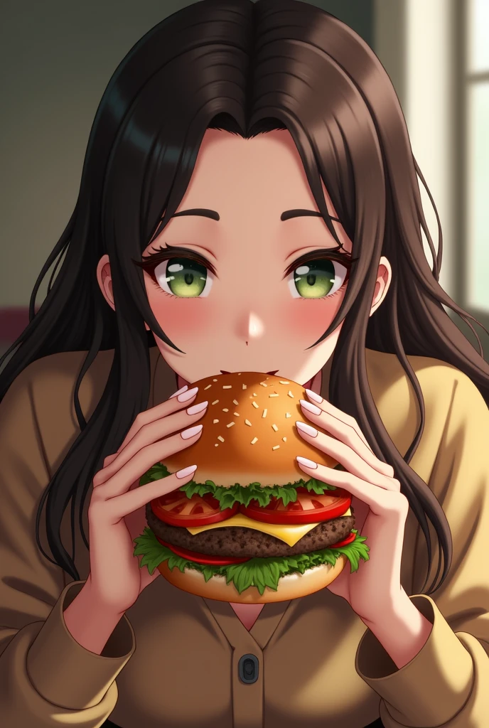 [Ouverture] : Gros plan sur une femme aux yeux verts et aux cheveux lisses, assise à une table.

[Action] : Elle prend un hamburger savoureux avec les deux mains et l'approche de sa bouche.

[Détail] : Zoom sur le hamburger avec ses ingrédients appétissants.

[Clôture] : La femme prend une bouchée avec un sourire de plaisir, montrant clairement qu'elle apprécie chaque instant.

Texte à l'écran : "Délicieux à chaque bouchée !"