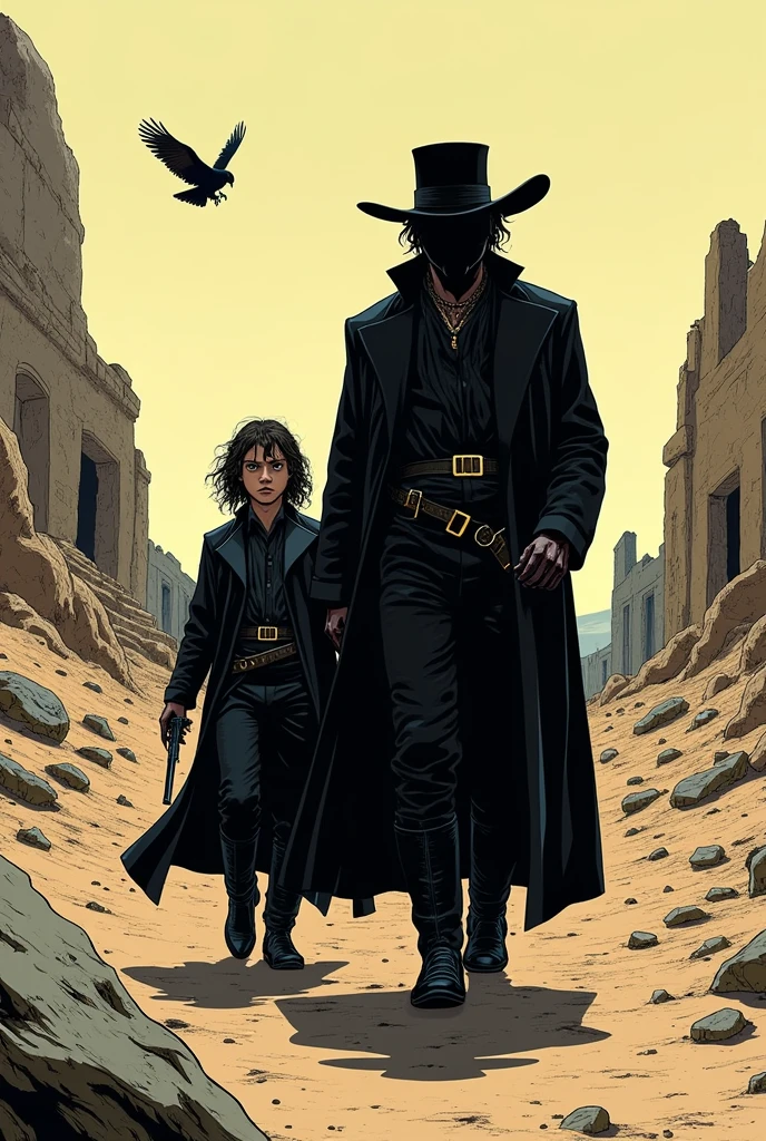 Make a comic drawing of the main characters from the movie El Topo
