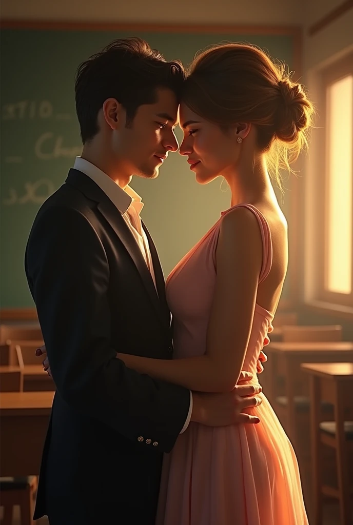 girl and boy, beautiful face, large mature woman, female teacher, old teacher, busty, hair updo, elegant hair style, depth of field, bokeh blur effect, narrow hips , long shear gown , sexy adult , small man, sex, extreme size difference, ass grab, femdompress, halfbody portrait , man is thin, man, age difference, back view , male student, classroom , transparent dress, golden hour, atmospheric lighting