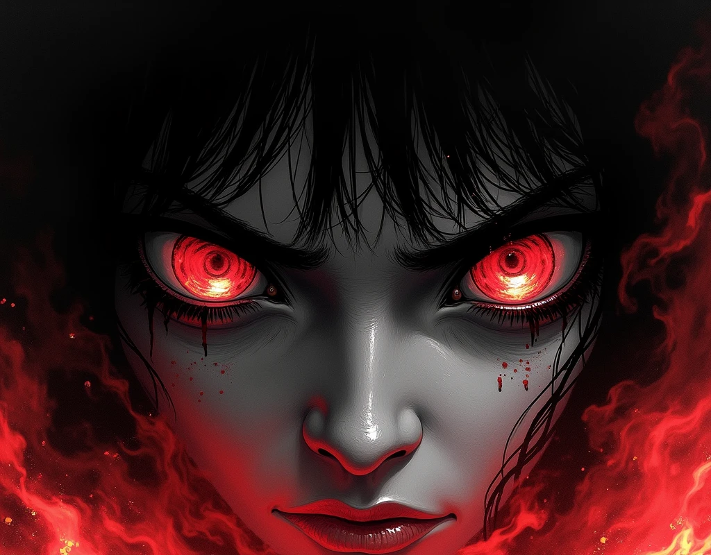eyes in pain crying, red tears are seen, close-up of eyes, seeing fire and smoke around, the image is in black and white, with red details, the type of image is comic noir style