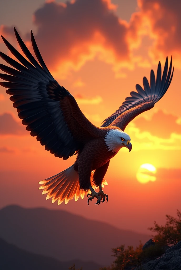 An image of a strong and beautiful eagle in an ultra realistic sunset 8k full hd