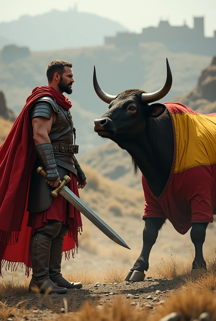 A warrior from England with a sword in his hand putting a bull that is wearing a Spanish flag to run