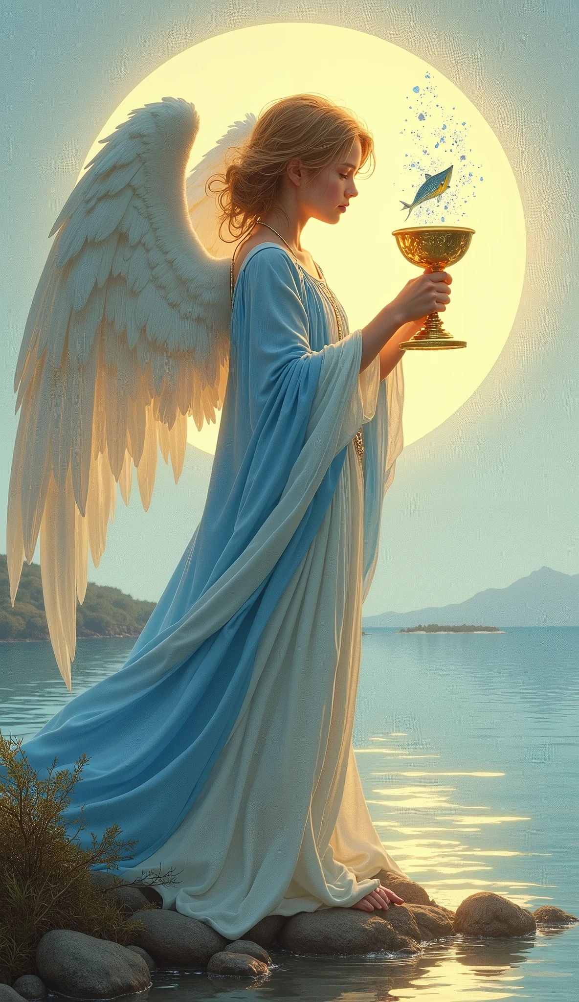 Create a vibrant and youthful scene for the "Page of Chalices" card, inspired by the Rider-Waite deck, but with an angelic twist. Depict a graceful and androgynous angelic figure dressed in flowing robes of soft blues and whites, standing near a tranquil shoreline. The angel holds a golden chalice in one hand, gazing at it with curiosity and wonder as a small, ethereal fish emerges from the cup, symbolizing intuition and creativity. The angel's wings are gently spread, shimmering with a light that reflects the calm waters below. The background should feature a serene landscape with a calm ocean and a clear sky, with soft, warm light illuminating the scene. The overall atmosphere should convey a sense of innocence, new beginnings, and emotional exploration, in keeping with the angelic theme of the Lumen Angelis tarot deck.
