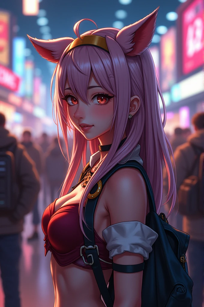 Noelle holiday from deltarune wearing a black skirt and a white crop to only revealing her shoulders and her stomach. While standing in a crowded city