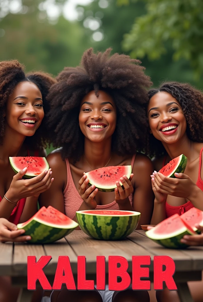 black people eating watermelon with the word kaliber below it in bold print