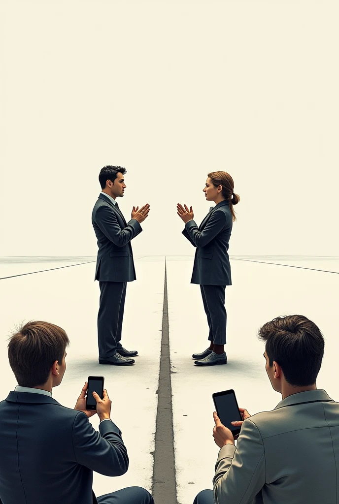 Drawing of two people standing separated by a horizontal line on the ground of 5 meters and each person is applauding and each person has another person sitting on the ground behind them with a cell phone and a notebook on the ground.

