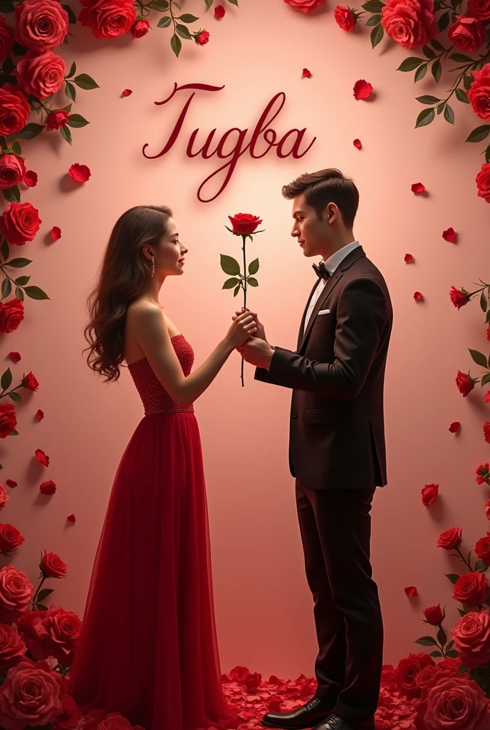 A romantic and elegant photo of a 23-year-old man in a black suit and a 23-year-old woman in a red dress. The man gently hands the woman a rose. They are surrounded by roses and petals. The background is a soft, warm light pink wall with the name "TUGBA ARAZ" written in 3D lettering and the name "" with a different logo. The lighting is soft and dreamy.