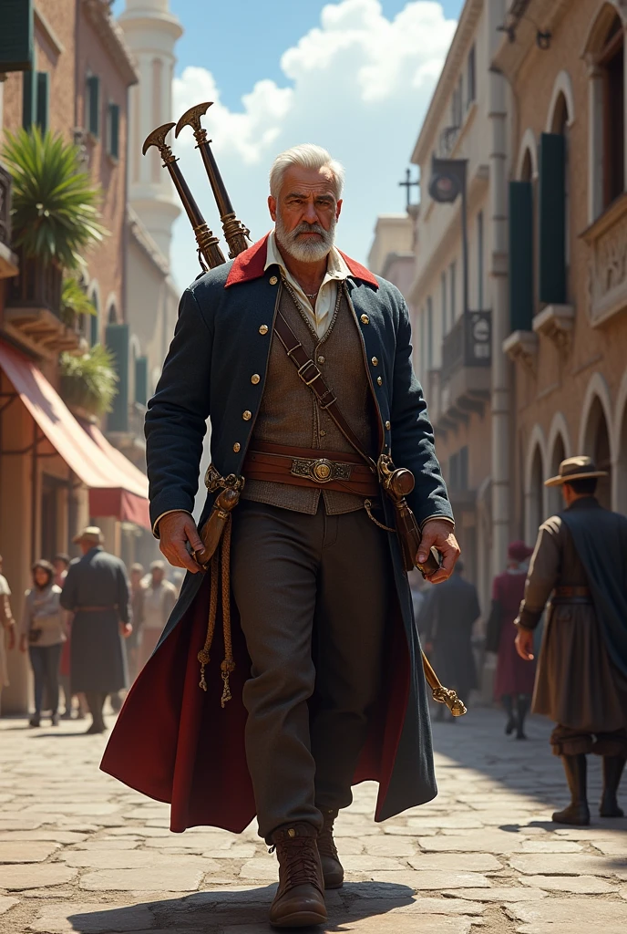 a white european man, Venetian merchant. Carrying weapons. In the background there are old streets. With ancient architecture and people in the background