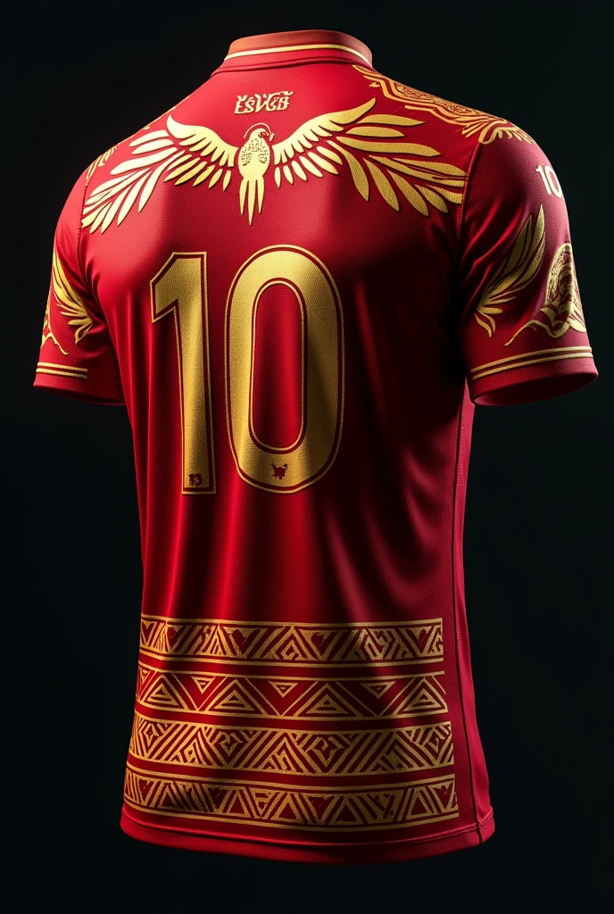 Football shirt back:
Farbe: dark red Details: indigenous patterns in various shades of red and gold, creating an elegant contrast.These details may include geometric shapes., traditional lines and symbols.
Golden Macaw: centrally located,a little below the neck.The macaw is drawn in a vibrant shade of gold and can be styled to highlight its feathers in a detailed and realistic way.,above the macaw ,in elegant and modern font, also in gold ,that harmonizes with the macaw and the indigenous details Front part:
Farbe: dark red with white details Details: indigenous patterns in white,which create a striking contrast with the dark red background.These patterns may be smaller and more subtle compared to the back, located mainly in the chest and shoulder region Number ten: mic, positioned on the upper left chest in a font that complements the indigenous details.Em branco para se destacar com o fundo 
Golden Macaw: located in the upper right chest, also in gold.The macaw is smaller,maintaining elegance and harmony with the overall design of the shirt 

