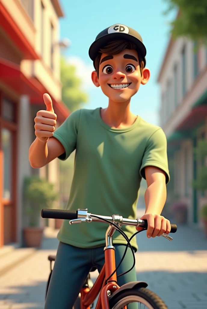 Create a 3D drawing, of a young man wearing a light green shirt, with black cap, and giving a thumbs up, next to a bicycle 
