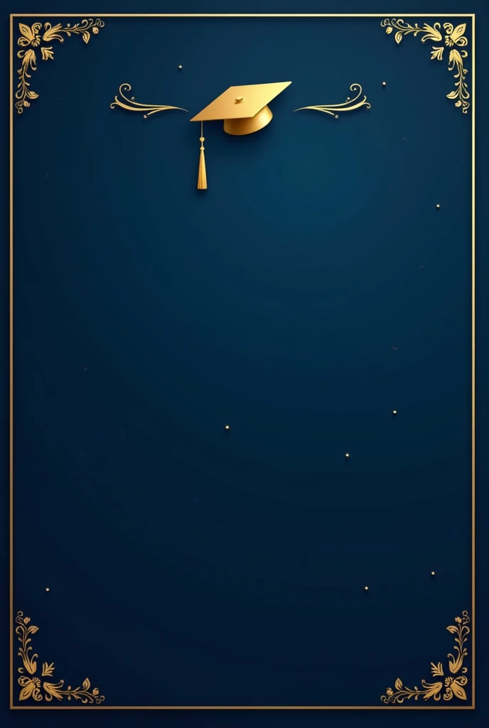 Give me the dark blue background with elegant little gold details and a little grad cap on the top right for a grad invitation card and no flowers