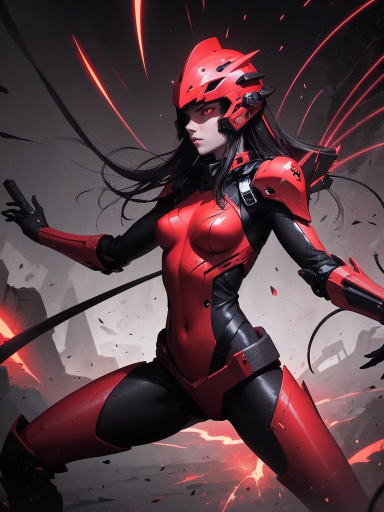 A futuristic cyber warrior in an aggressive stance, prepared for battle. The character is in a low position, with legs extended and firmly planted, while holding a black katana with a red aura that emits an intense and fiery glow. The warrior wears black, sturdy armor., with angular and sharp details, and multiple metallic cables or tentacles extending from its back. The helmet is dark and completely covers the face., showing only three bright red heartbeat-shaped lines running horizontally across the visor, adding an intimidating and technological air. The background is minimalist, with a greyish tone, and small red sparks or particles floating in the air, complementing the dark and dynamic atmosphere of the scene. The style of the image is dark and dystopian, with a focus on contrasts of light and shadow, highlighting the red details against the predominant black and grey.