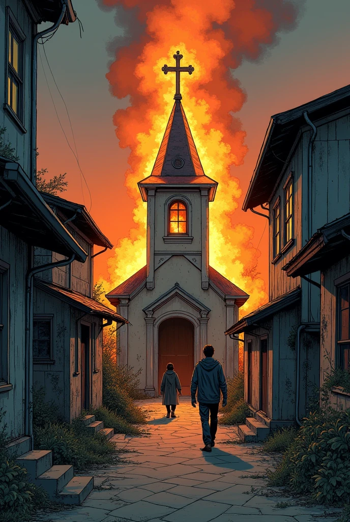 Make a comic drawing of the main characters of the movie The Mole in an abandoned village next to a church with a cross engulfed in fire