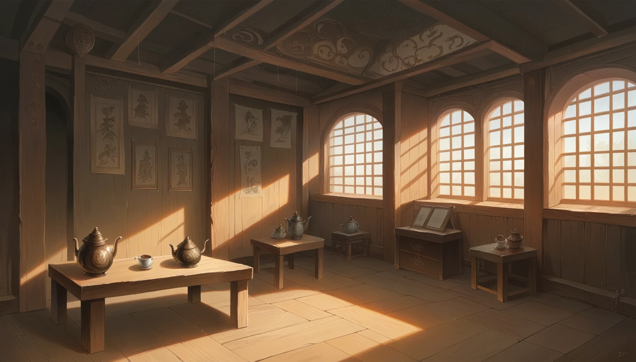 There is a table and two chairs in the room, There is another window。, Illustrations inspired by Dong Yuan, shutter, Folk Art, Interior Background Art, Traditional Korean interior decoration, Personal room background, Living room background, Ancient indoor tent background, Tea Ceremony Scene, Detailed scenery —width 672, Zen temple background, Room interior, Asian interior design, chiaroscuro, depth of field, cinematic lighting, god rays, best quality, UHD, highres, super detail