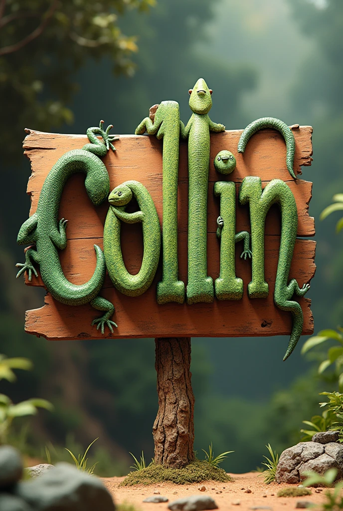 A sign that says "Collin" but the letters are shaped like lizards