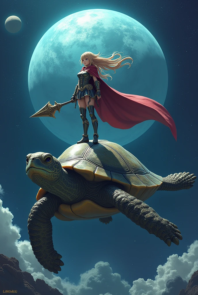 A turtle swimming in space with Uranus Behind it with a anime Girl like champion that has a cape and a mace standing up on the turtles shell, with a heroic pose